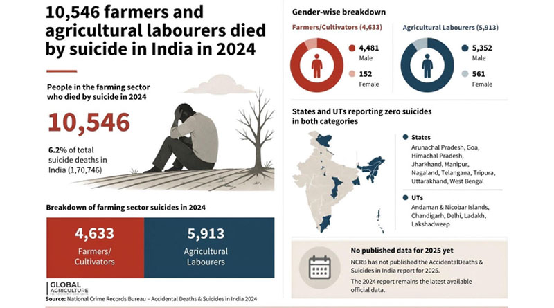 10,546 Farmers and Agricultural Labourers Died by Suicide in India in 2024 NCRB